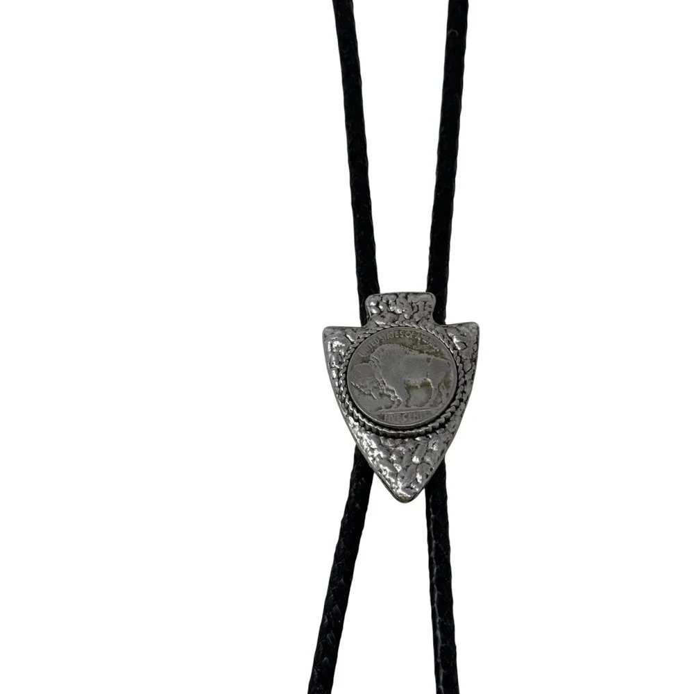 Vintage Bolo Tie Unisex OS Black Silver Excellent Buffalo Nickel Arrowhead